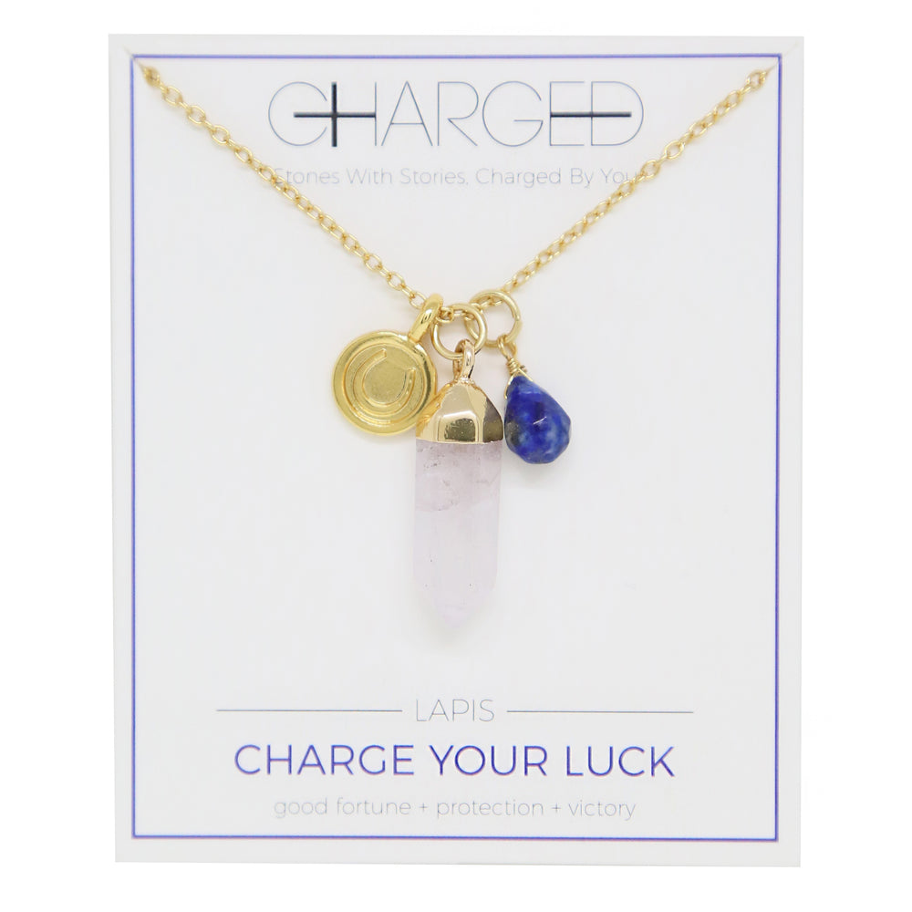 Lapis & Gold Charm Necklace on packaging