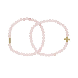 Rose Quartz & Gold Elastic Bracelet Set of 2 on white