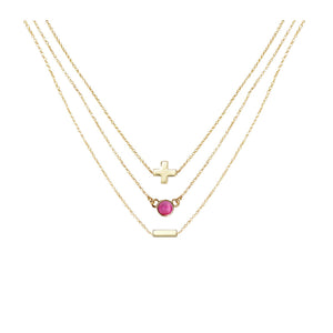 Pink Agate & 18k Gold Plated Necklace Set of 3 on white