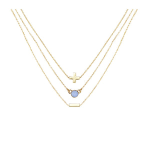Blue Agate & 18k Gold Plated Necklace Set of 3 on white