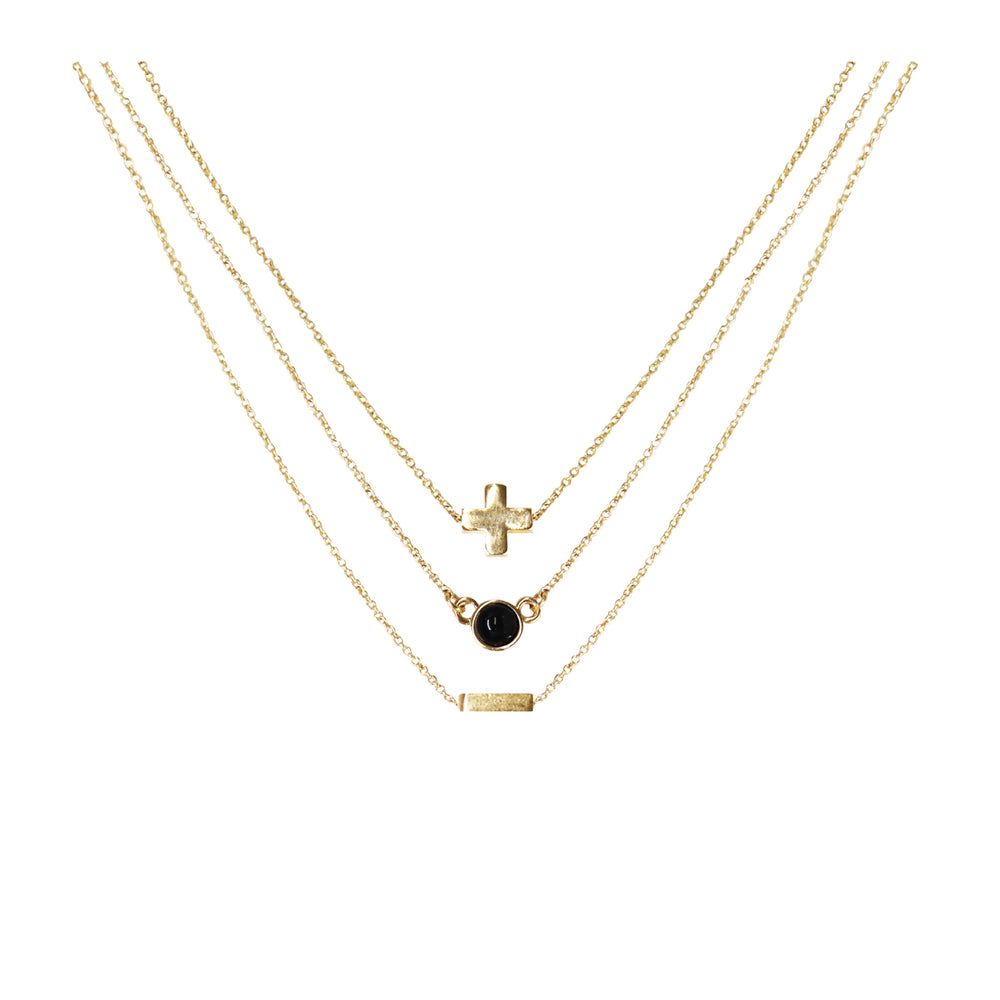 Onyx & 18k Gold Plated Necklace Set of 3 on white