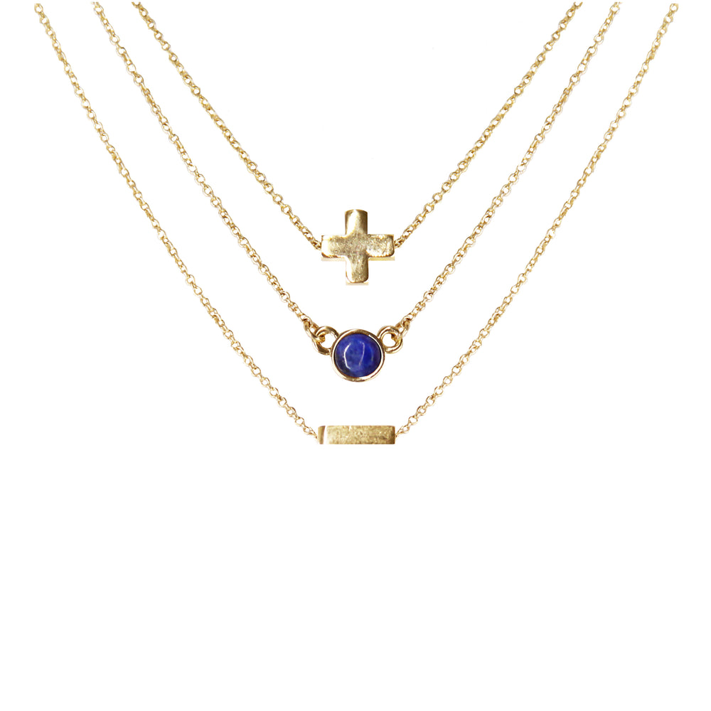 Lapis & 18k Gold Plated Necklace Set of 3 on white