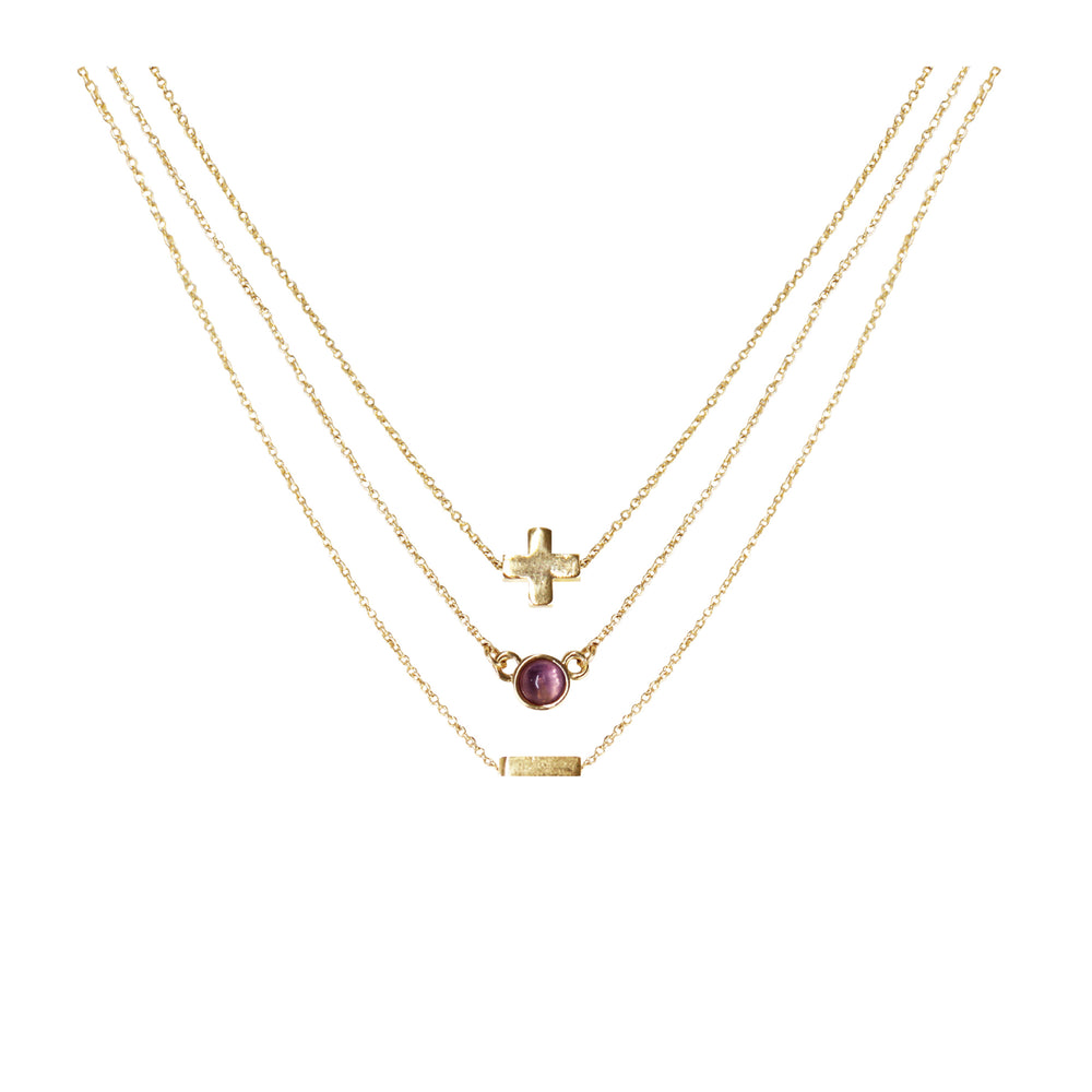 Amethyst & 18k Gold Plated Necklace Set of 3 on white