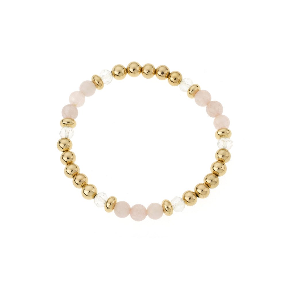 Rose Quartz & Gold Elastic Bead Bracelet on wihte