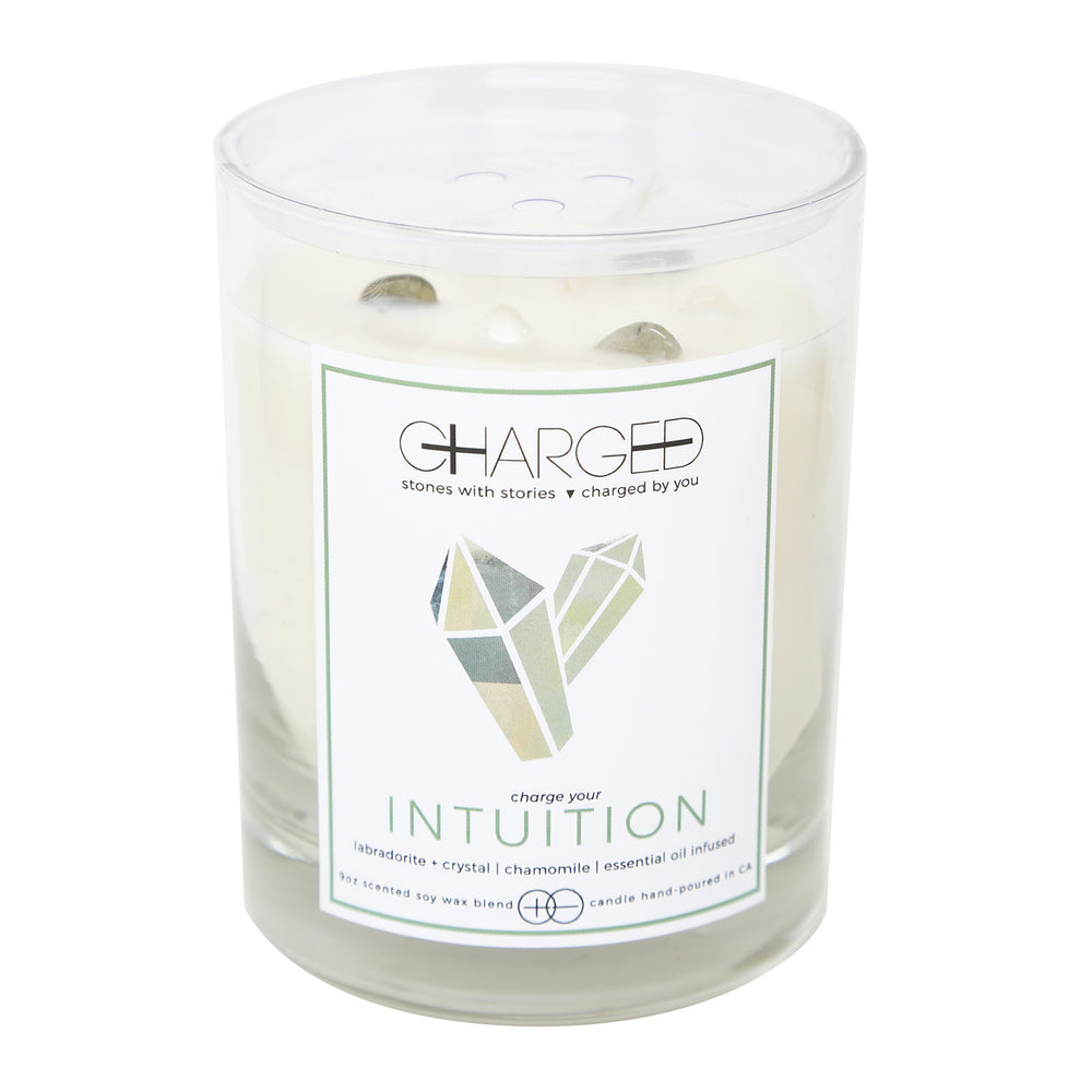 Labradorite Chamomile Scented Soy Candle with Crystals on white
