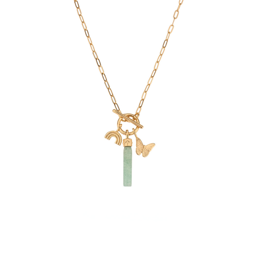 Charged Aventurine Pendant and Charms Toggle Necklace on white