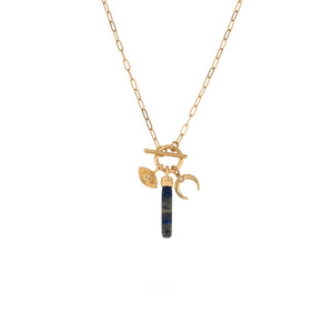 Charged Lapis Pendant and Charms Toggle Necklace on white