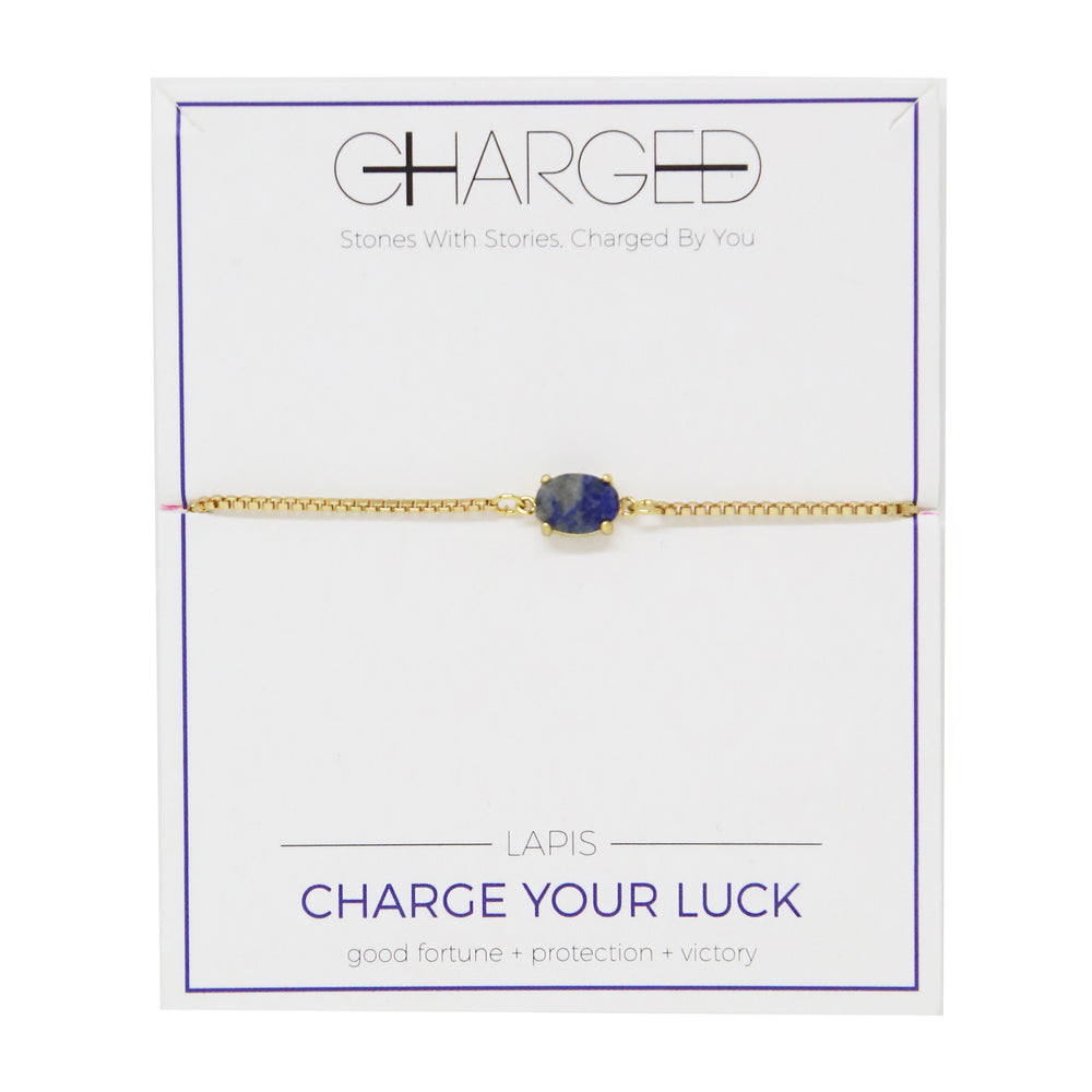 Lapis & Gold Adjustable Chain Bracelet on packaging