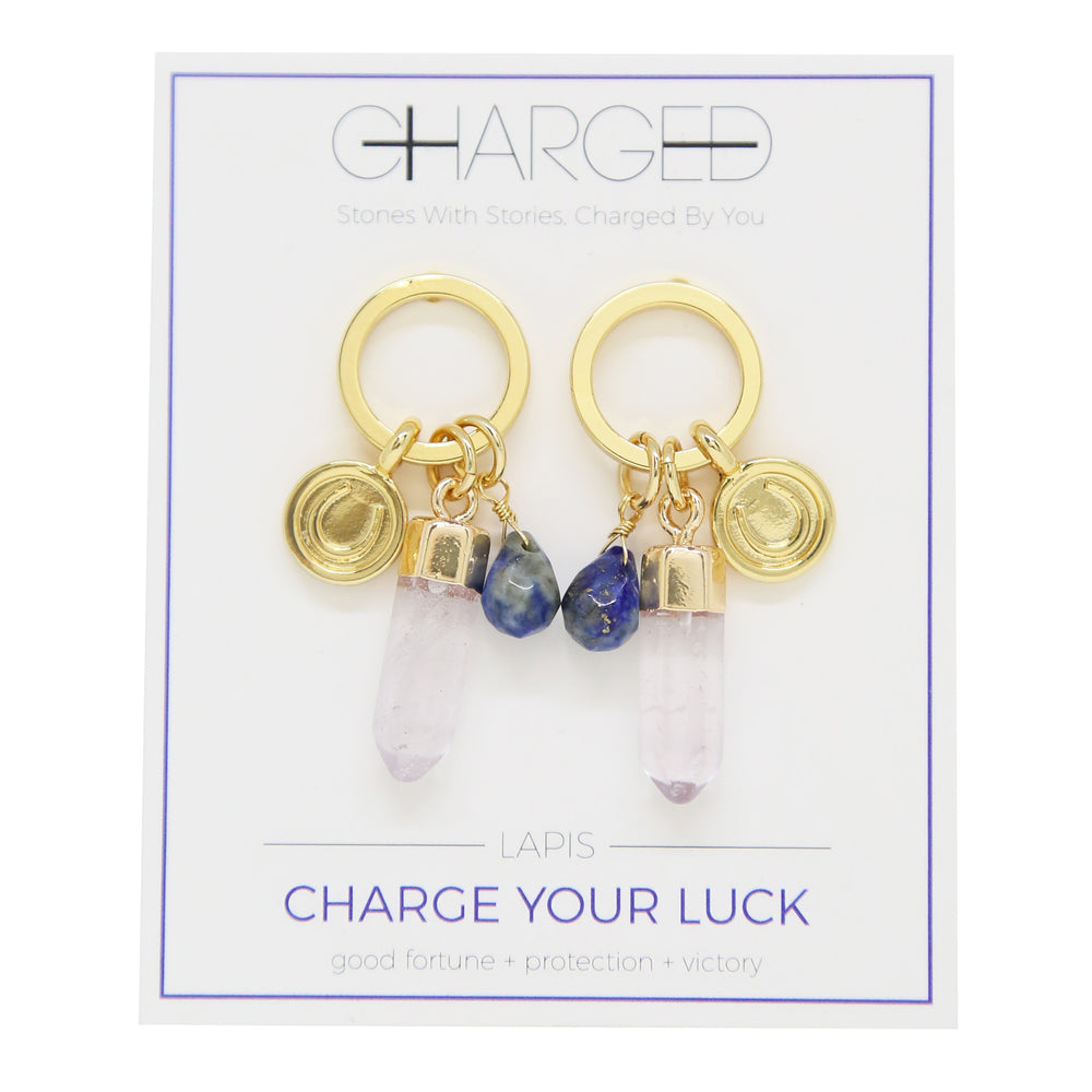 Lapis & Gold Charm Earrings on packaging