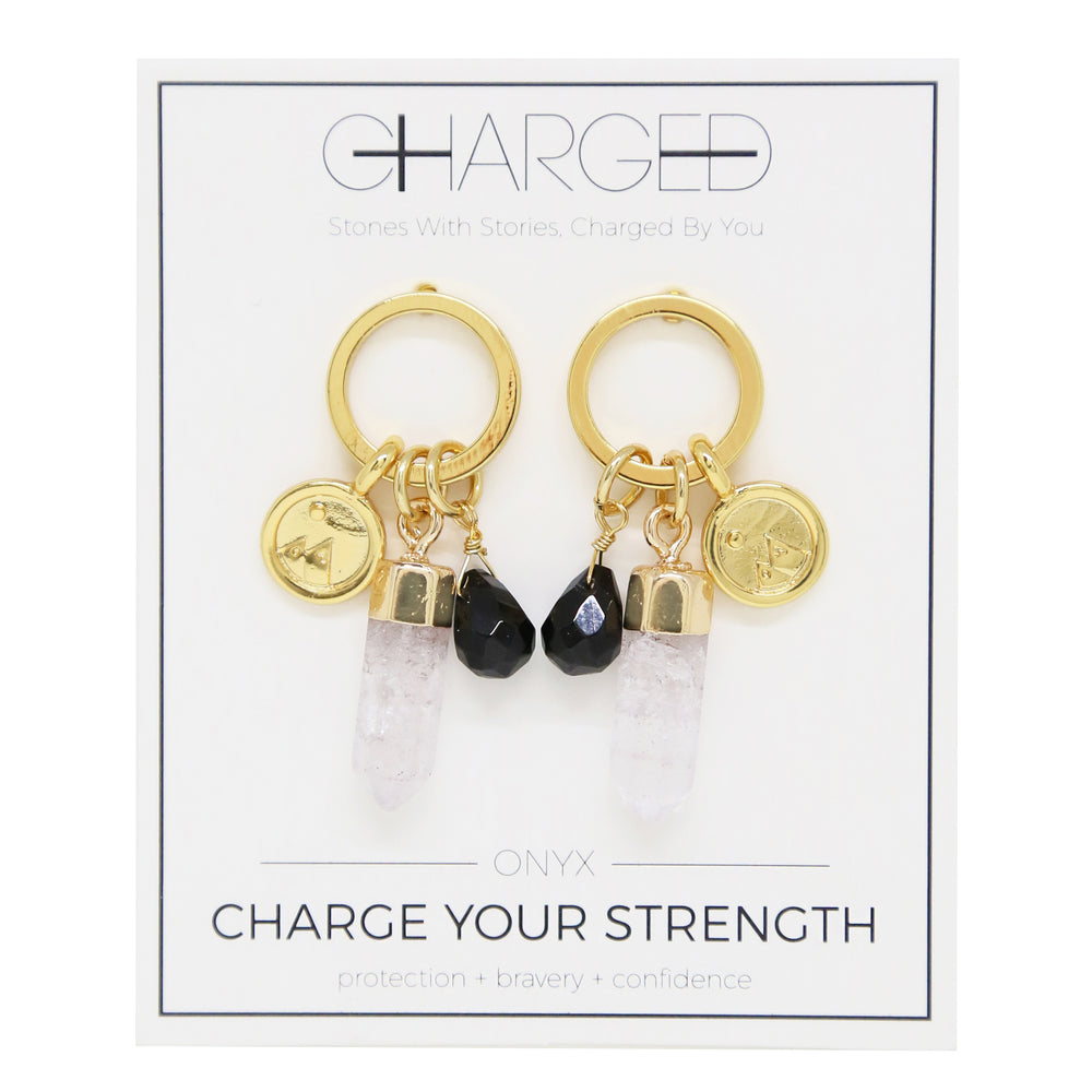 Onyx & Gold Charm Earrings on packaging