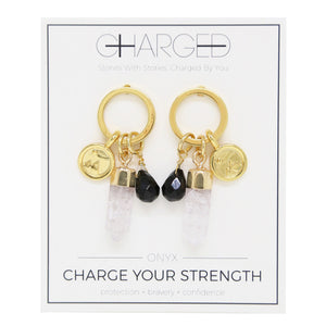 Onyx & Gold Charm Earrings on packaging
