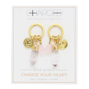 Rose Quartz & Gold Charm Earrings on packaging
