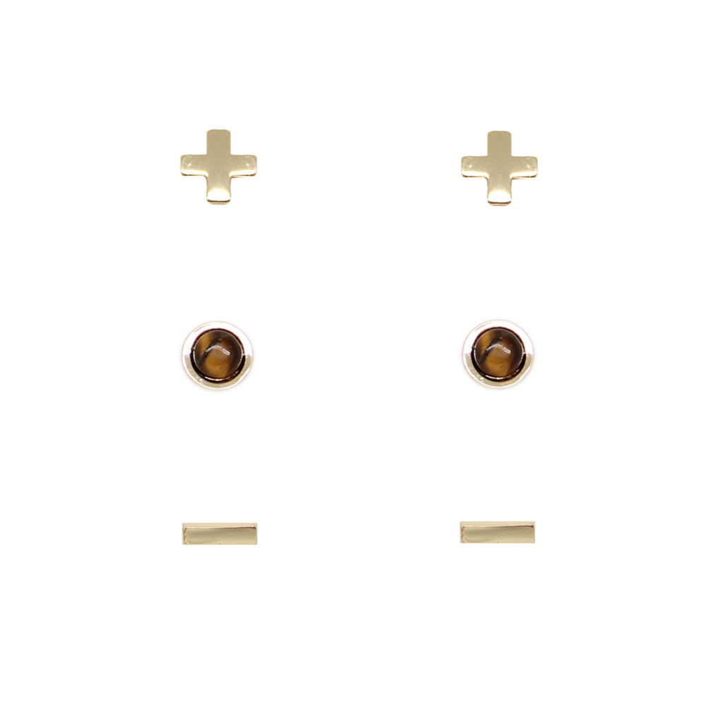 Tiger's Eye & Gold Set of 3 Earrings on white