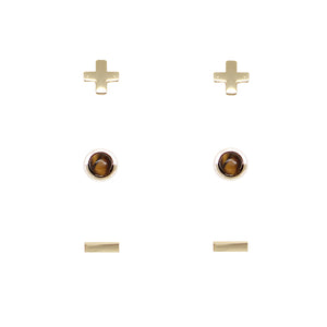 Tiger's Eye & Gold Set of 3 Earrings on white