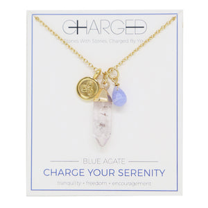 Blue Agate & Gold Charm Necklace on packaging
