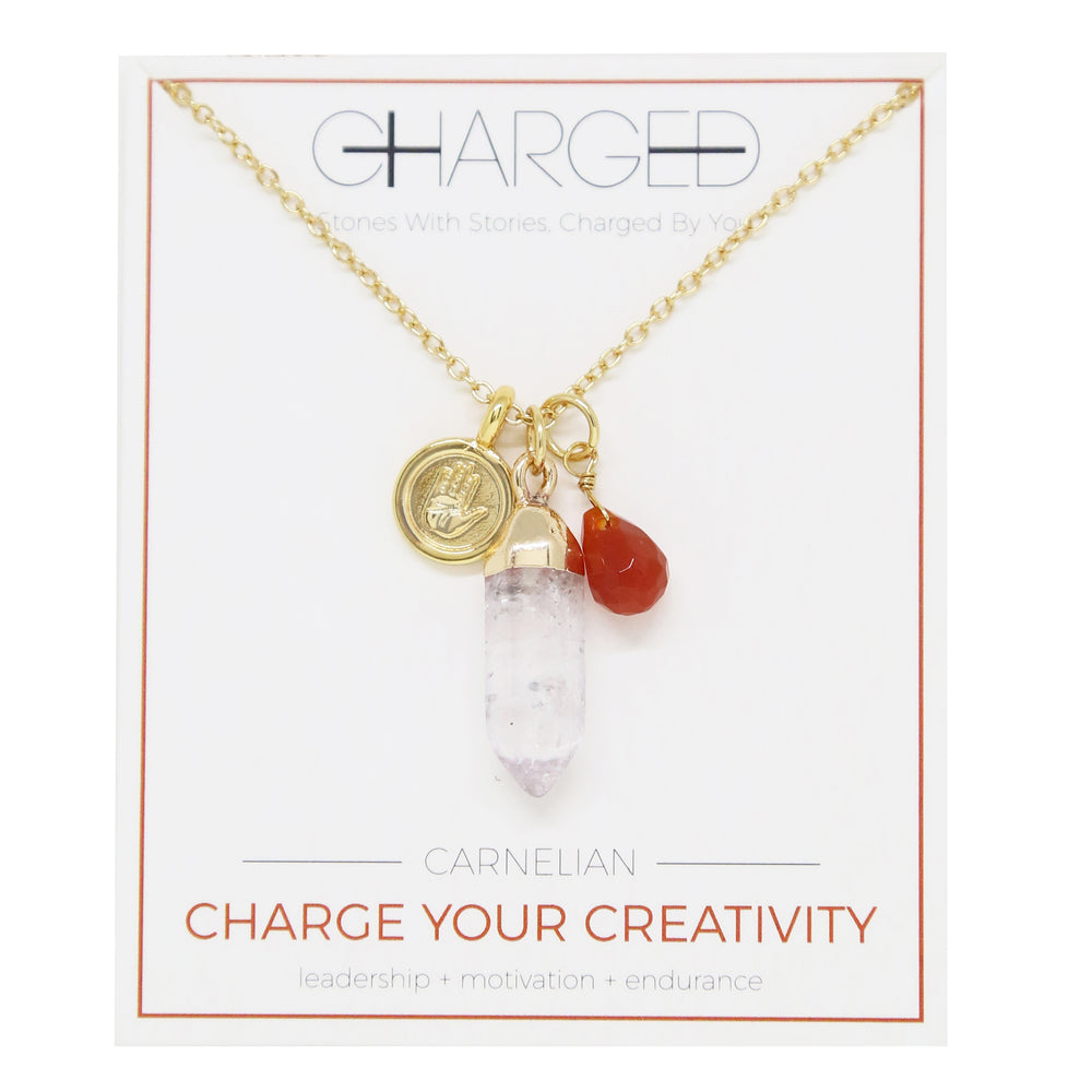 Carnelian & Gold Charm Necklace on packaging