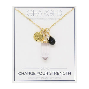 Onyx & Gold Charm Necklace on packaging