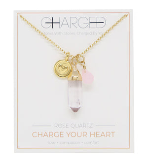 Rose Quartz & Gold Charm Necklace on packaging