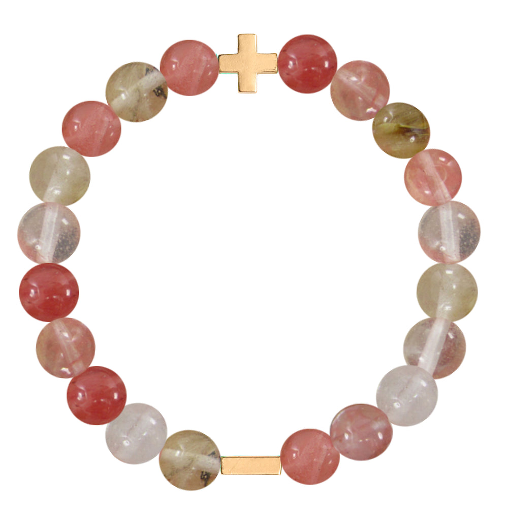 Cherry Quartz & Gold Elastic Bracelet on white
