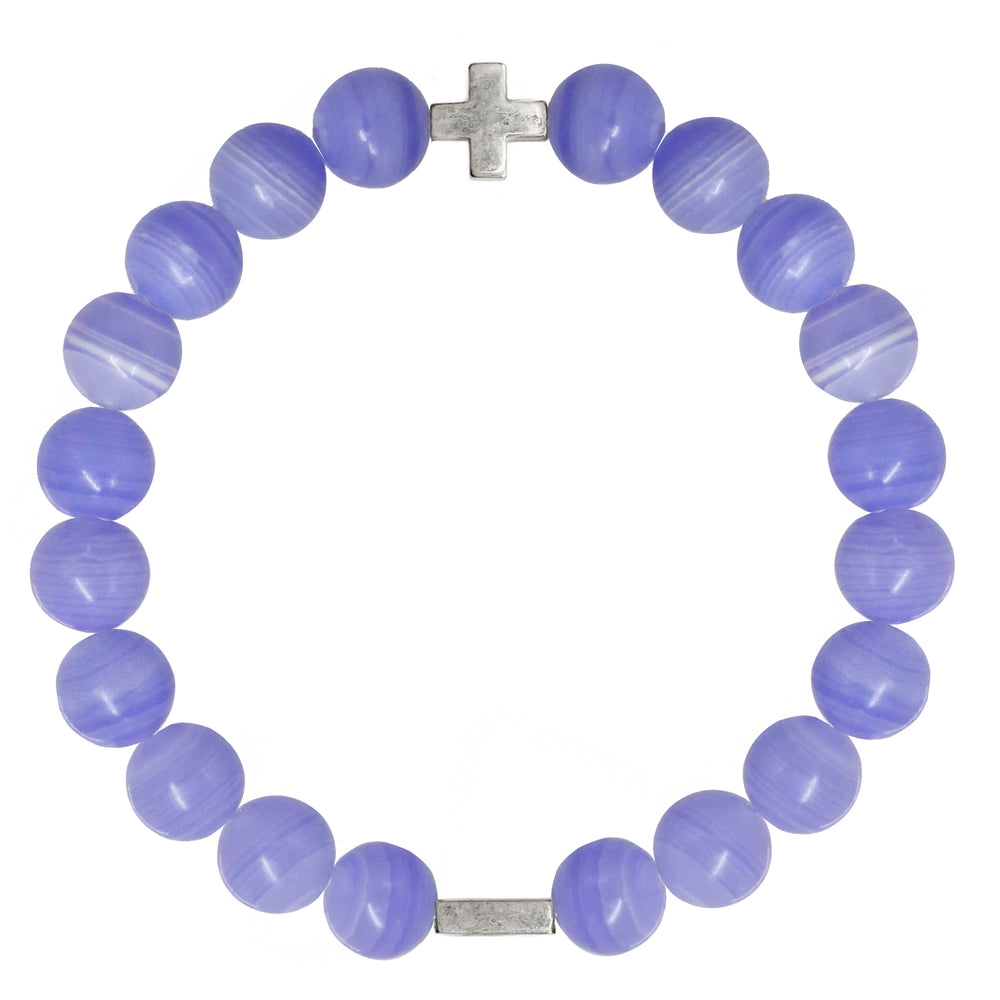 Blue Agate & Silver Elastic Bracelet on white
