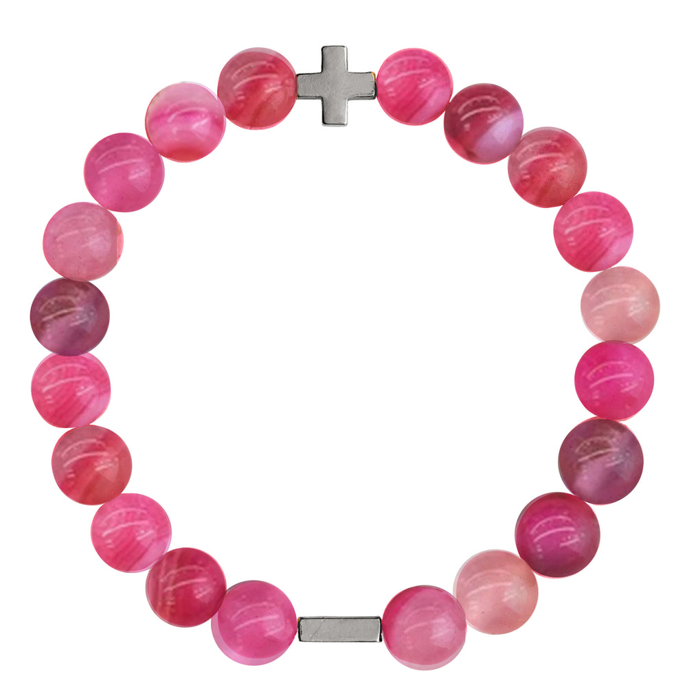 Pink Agate & Silver Elastic Bracelet on white