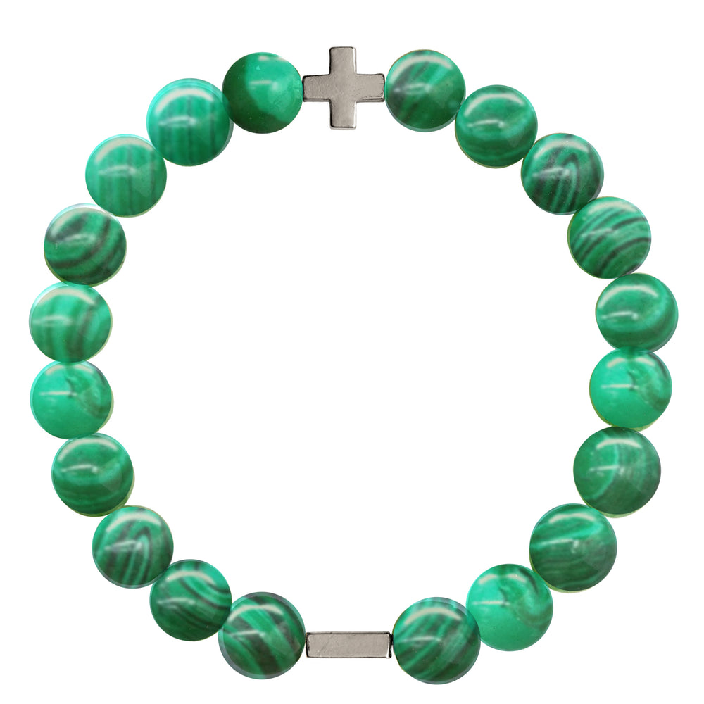 Malachite & Silver Elastic Bracelet on white