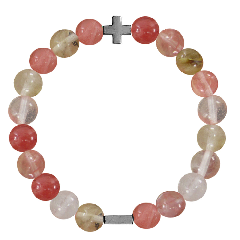 Cherry Quartz & Silver Elastic Bracelet on white