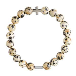 Dalmatian Jasper & Silver Elastic Bracelet on white
