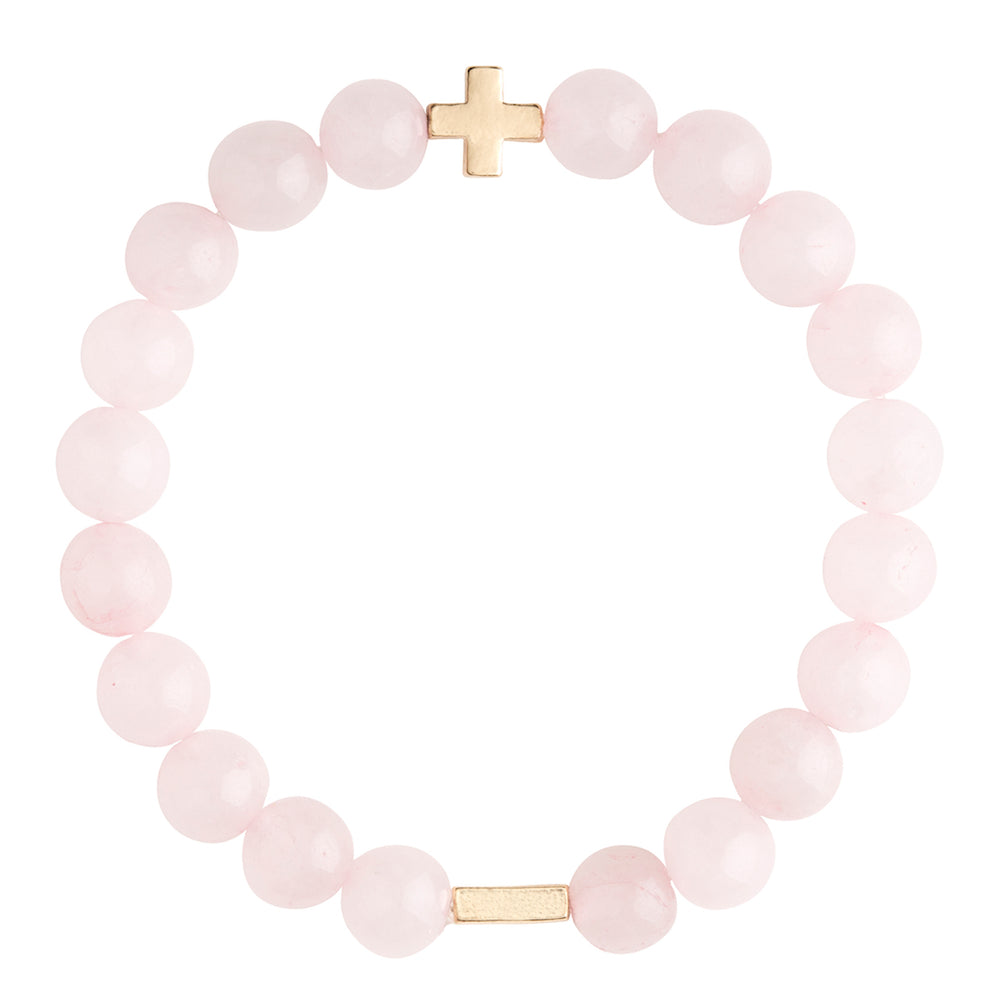 Rose Quartz & Gold Elastic Bracelet on white