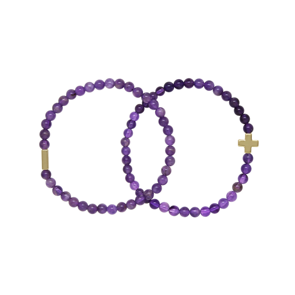 Amethyst & Gold Elastic Bracelet Set of 2 on white