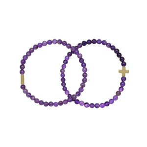 Amethyst & Gold Elastic Bracelet Set of 2 on white