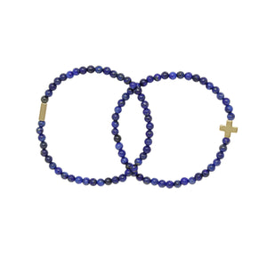 Lapis & Gold Elastic Bracelet Set of 2 on white