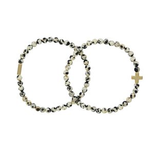 Dalmatian Jasper & Gold Elastic Bracelet Set of 2 on white
