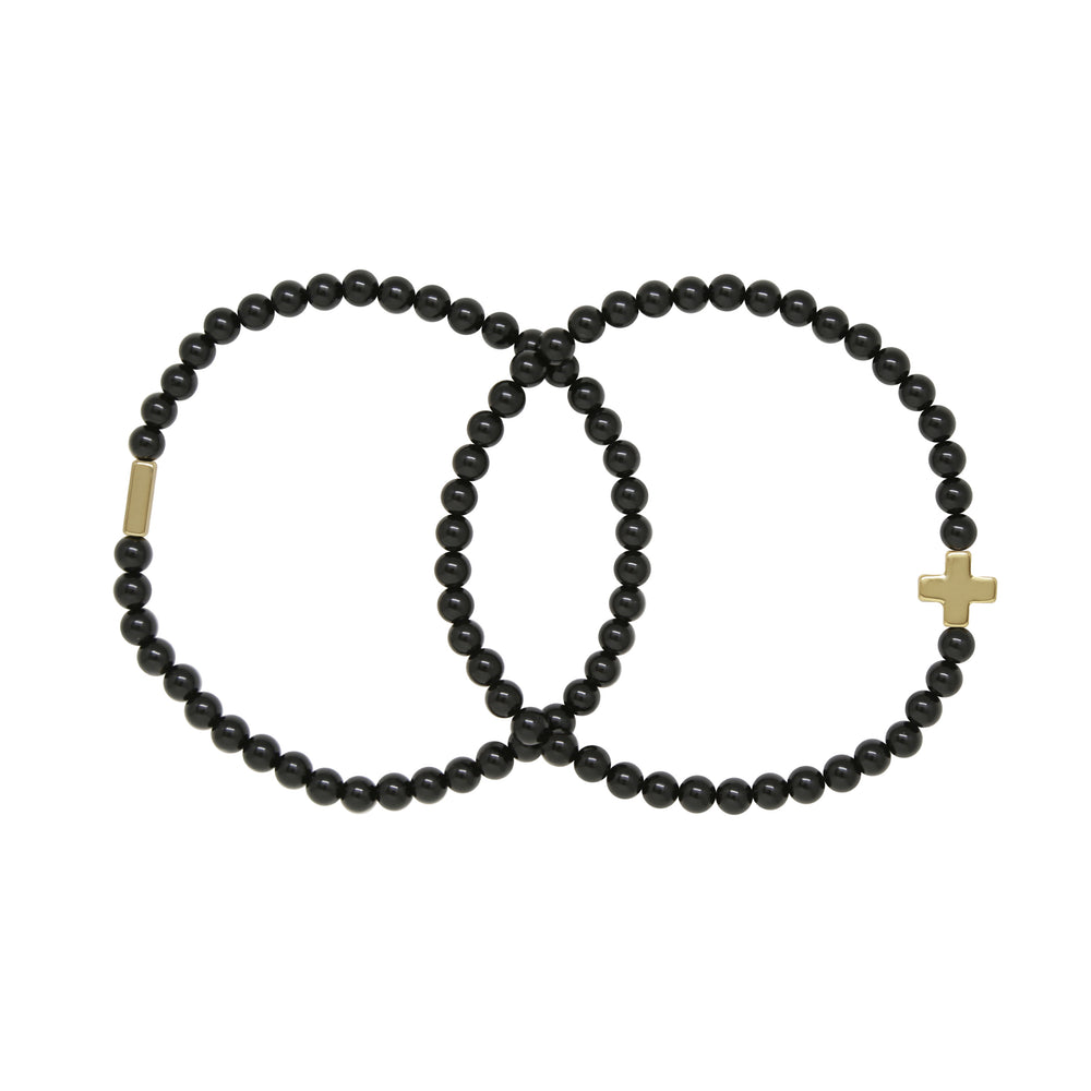 Onyx & Gold Elastic Bracelet Set of 2 on white