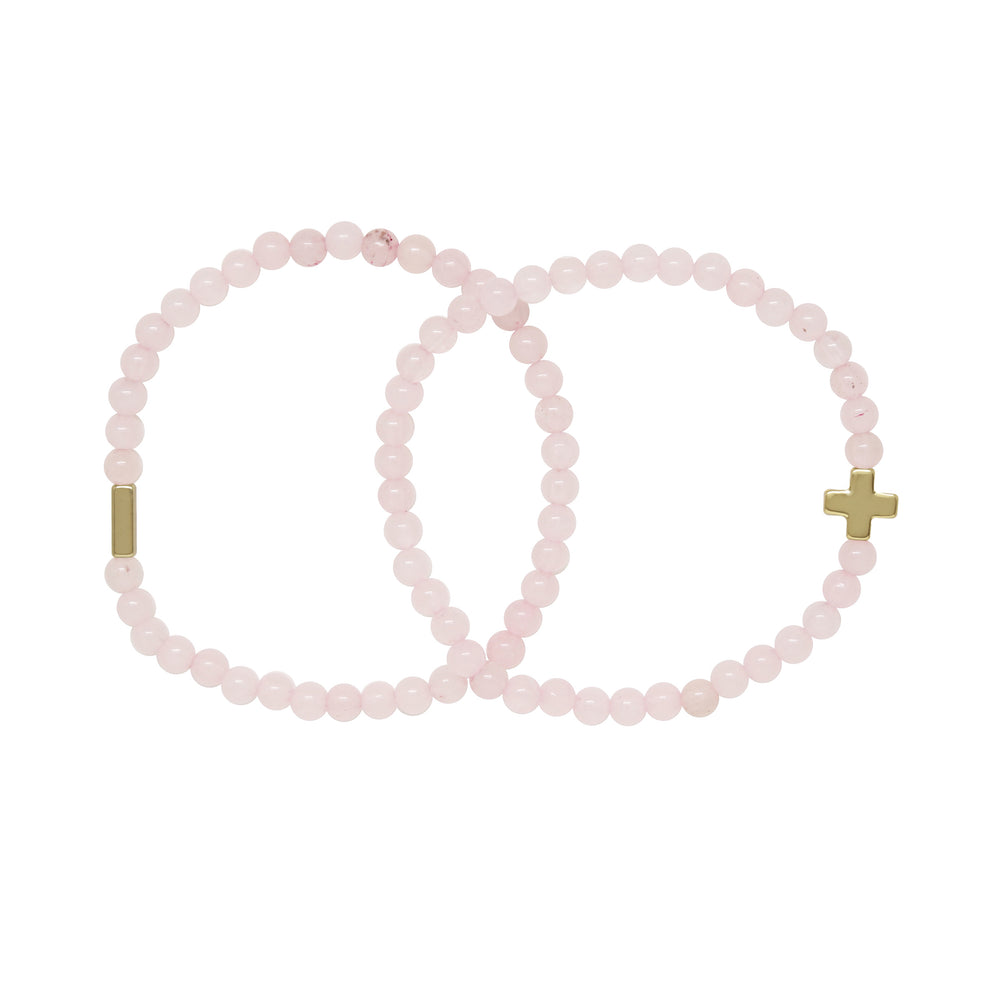 Rose Quartz & Gold Elastic Bracelet Set of 2 on white