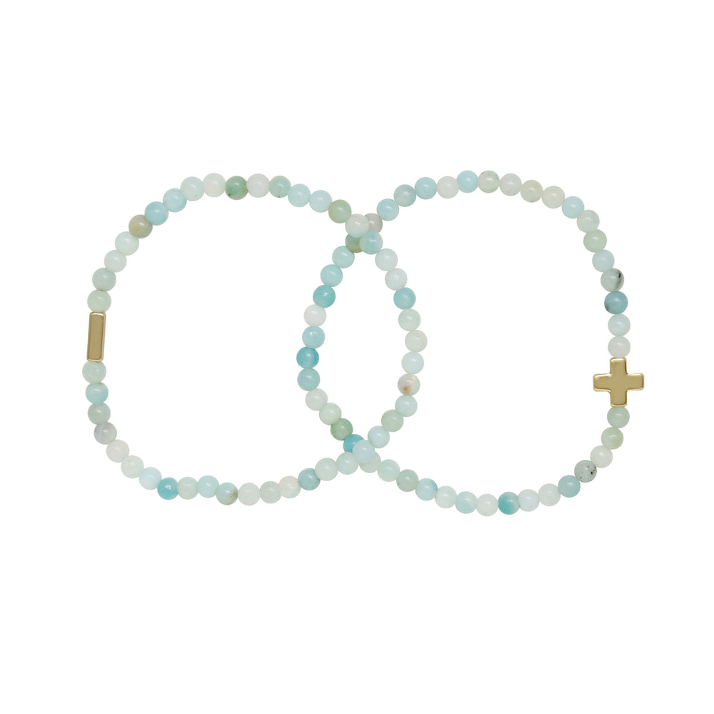 Amazonite & Gold Elastic Bracelet Set of 2