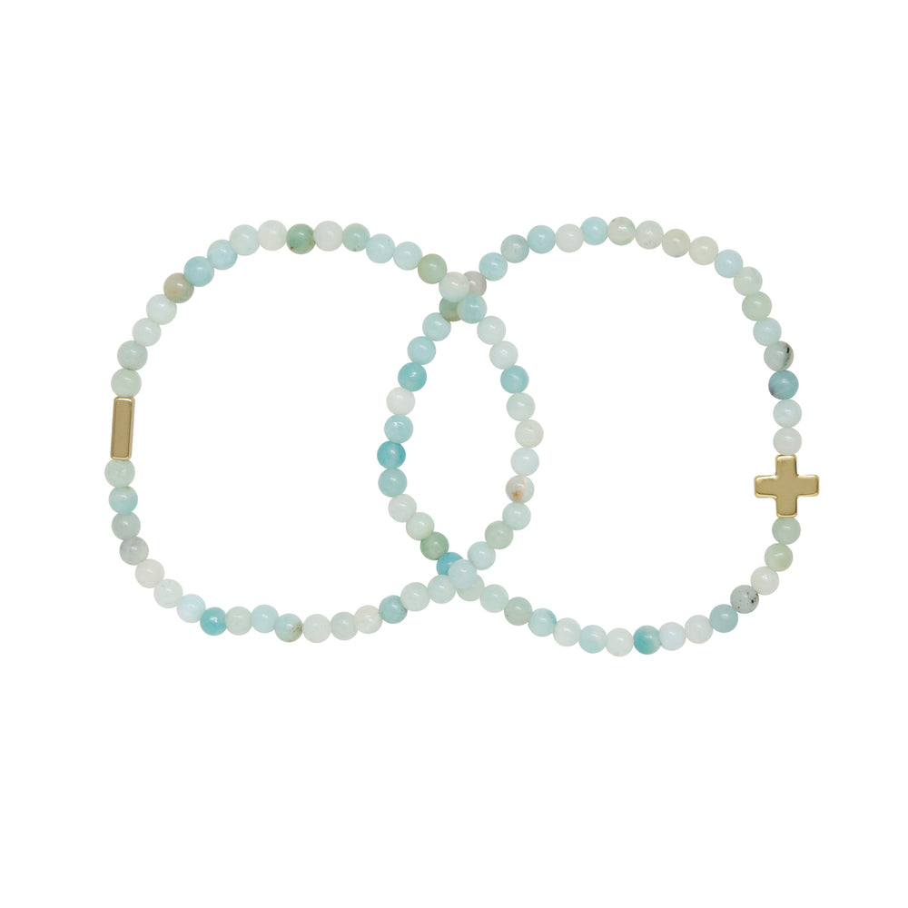 Amazonite & Gold Elastic Bracelet Set of 2 on white