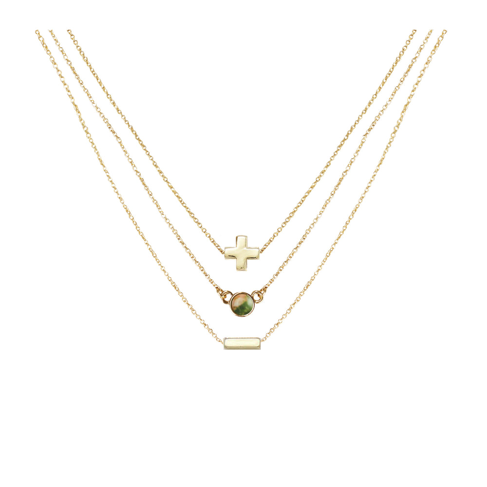 Unakite & 18k Gold Plated Necklace Set of 3 on white
