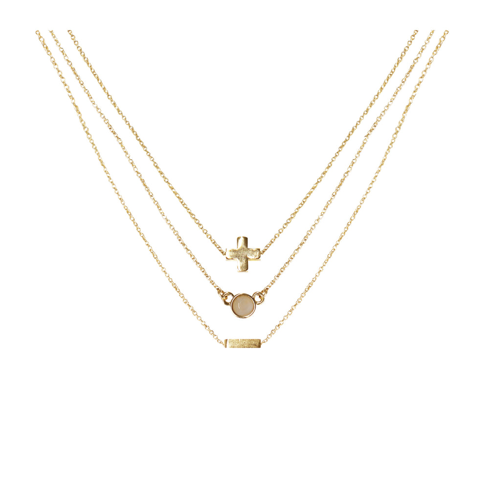 Rose Quartz & 18k Gold Plated Necklace Set of 3 on white