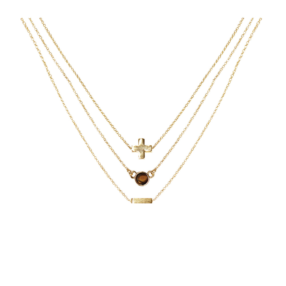 Tiger's Eye & 18k Gold Plated Necklace Set of 3 on white