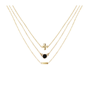 Onyx & 18k Gold Plated Necklace Set of 3 on white