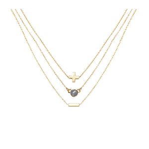 Grey Agate & 18k Gold Plated Necklace Set of 3 on white