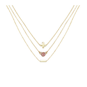 Cherry Quartz & 18k Gold Plated Necklace Set of 3 on white