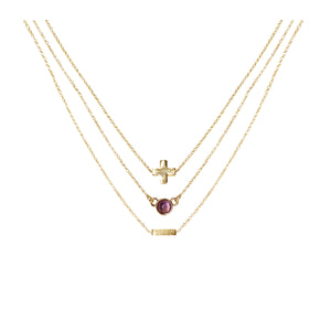 Amethyst & 18k Gold Plated Necklace Set of 3 on white