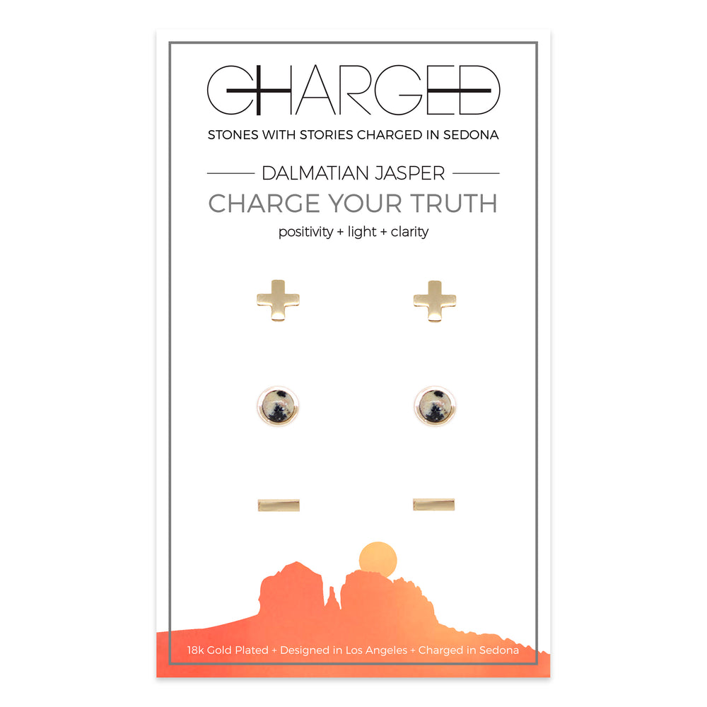 Dalmatian Jasper & Gold Set of 3 Earrings on packaging