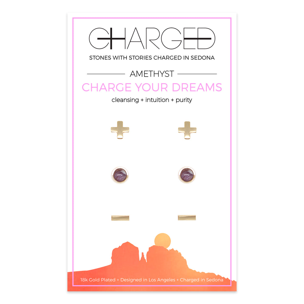 Amethyst & Gold Set of 3 Earrings in packaging