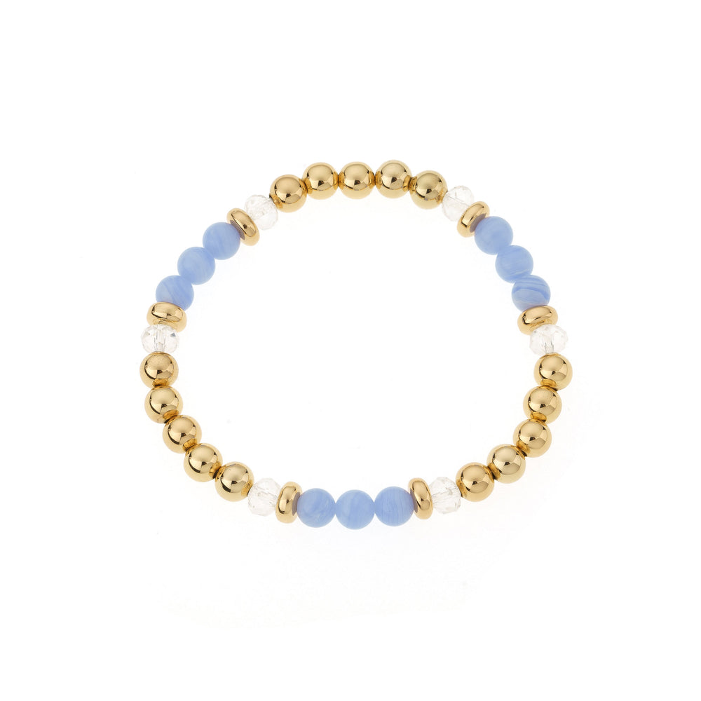 Blue Agate & Gold Elastic Bead Bracelet on white