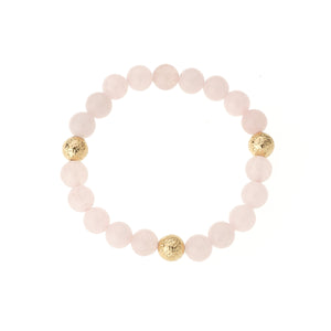Rose Quartz & Triple Gold Bead Elastic Bracelet on white