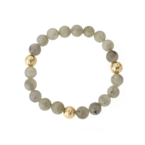 Labradorite & Triple Gold Bead Elastic Bracelet on white