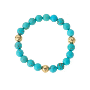 Turquoise & Triple Gold Bead Elastic Bracelet on white